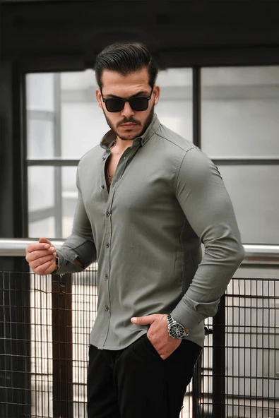 Likralı Regular Fit Nefes Alabilir Klasik Erkek Oxford Gömlek - Haki - Resim 2