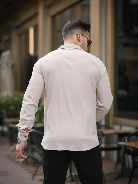 Fitilli Bowling Yaka Uzun Kollu Gömlek- Bej - 4