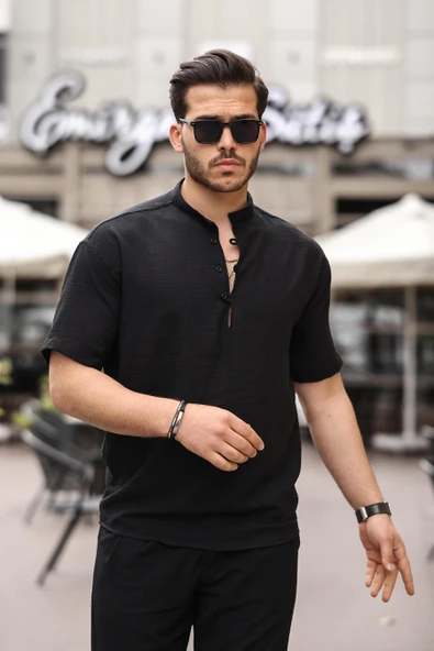 Oversize Yarım Pat Bambu Kısa kol Gömlek - Siyah - 2