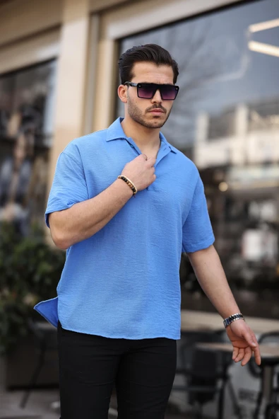 Polo Yaka Oversize Yarım Pat  Bambu Kısa Kol Gömlek - Parlement Mavi - 2