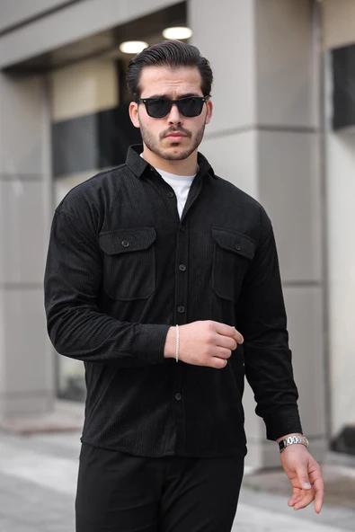 Çift Cepli Dolgu Fitilli Erkek Kadife Gömlek - Siyah - 5