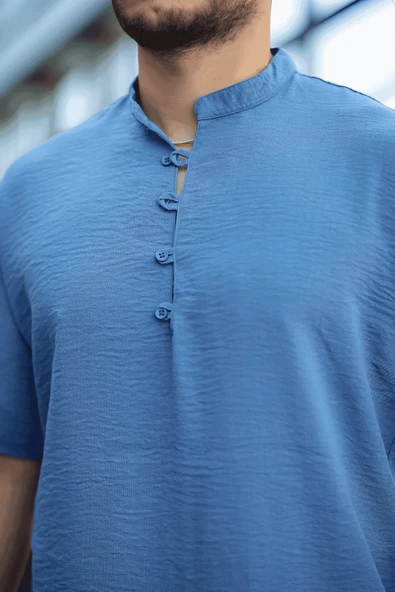 Wes Oversize Yarım Pat Bambu Kısa kol Gömlek - Mavi - 2