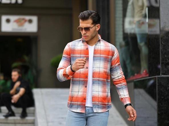 Şeritli Oduncu Fit Gömlek -  Turuncu - 5