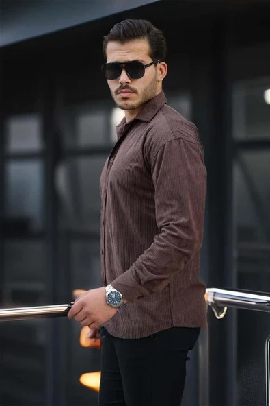 Fitilli Erkek Kadife Gömlek - Kahve - Resim 5