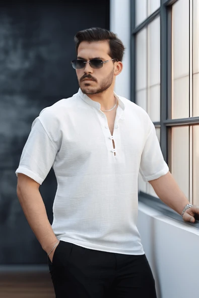 Wes Oversize Yarım Pat Bambu Kısa kol Gömlek - Beyaz