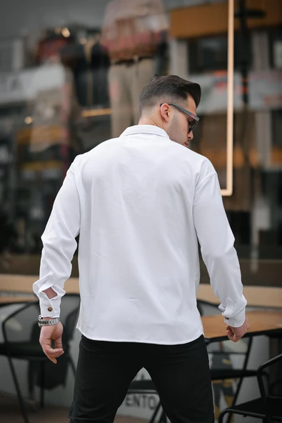 Fitilli Bowling Yaka Uzun Kollu Gömlek - Beyaz - 4