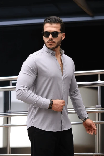 Likralı Regular Fit Nefes Alabilir Klasik Erkek Oxford Gömlek -Taş