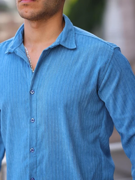 Premium Şeritli Kadife Gömlek - Mavi ürün görseli