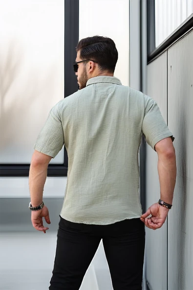 Müslin Kumaş Tek Cepli Gömlek- Açık Haki - 5