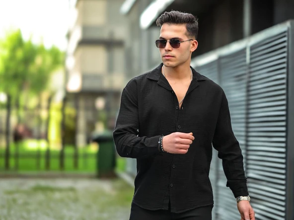 Apaş Yaka Oversize Müslin Kumaş Gömlek - Siyah - 5