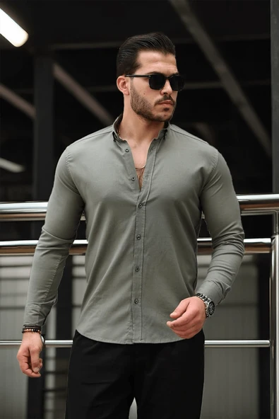 Likralı Regular Fit Nefes Alabilir Klasik Erkek Oxford Gömlek - Haki ürün görseli