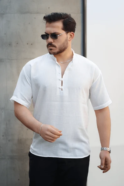 Wes Oversize Yarım Pat Bambu Kısa kol Gömlek - Beyaz - 3