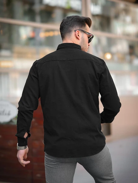 Krinkıl Pamuklu Keten Gömlek - Siyah - Resim 4