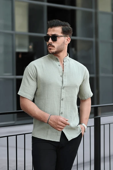 Hakim Yaka Müslin Kumaş Kısa Kol Gömlek - Açık Haki - 3