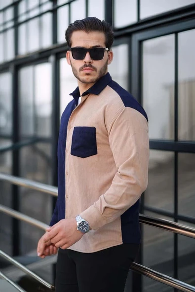 Kontrast Çift Renk Fitilli Kadife Gömlek - Koyu Lacivert - Resim 4