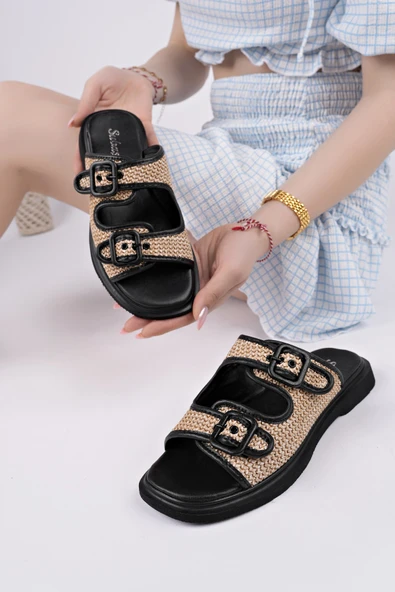 Muggo SARLE Çift Bantlı Ayarlanabilir Kemerli Kadın Günlük Hasır Terlik