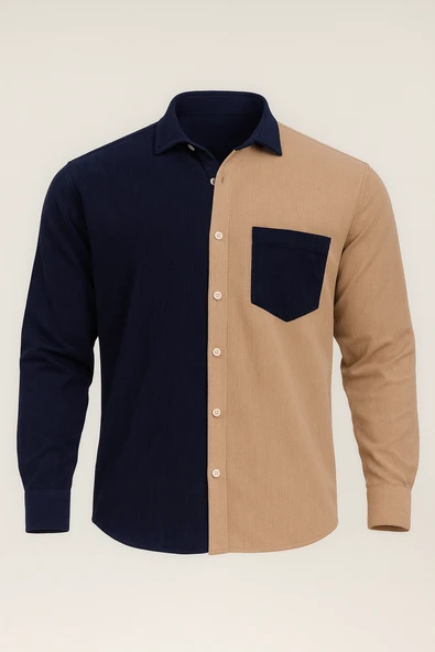 Kontrast Çift Renk Fitilli Kadife Gömlek - Koyu Lacivert ürün görseli 1