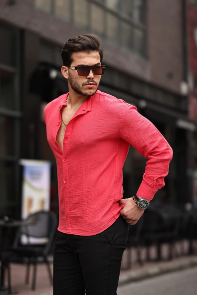 Hafif ve Nefes Alabilir Erkek Müslin Yarım Pat Hakim Yaka Oversize Gömlek - Kırmızı