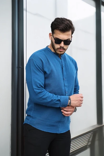 Hafif ve Nefes Alabilir Erkek Müslin Yarım Pat Hakim Yaka Oversize Gömlek -İndigo