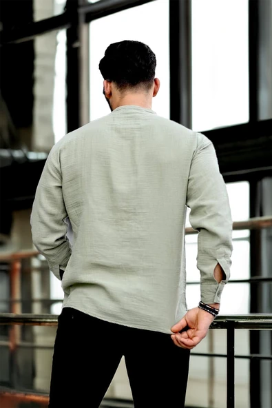 Hafif ve Nefes Alabilir Erkek Müslin Yarım Pat Hakim Yaka Oversize Gömlek - Açık Haki - Resim 4