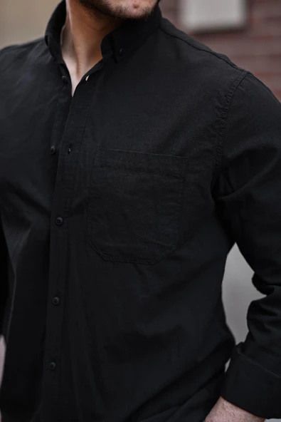 Flam Keten Tek Cepli Gömlek - Siyah - Resim 2
