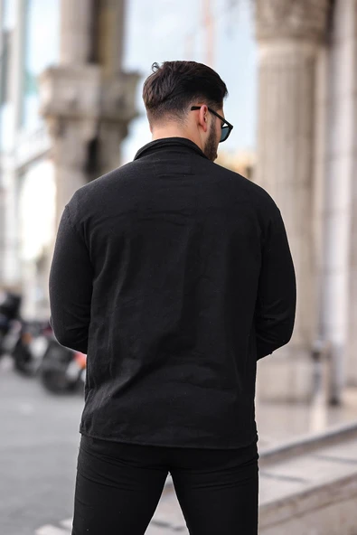 Çift Cepli Düğmeli Kaşe Gömlek - Siyah - 4