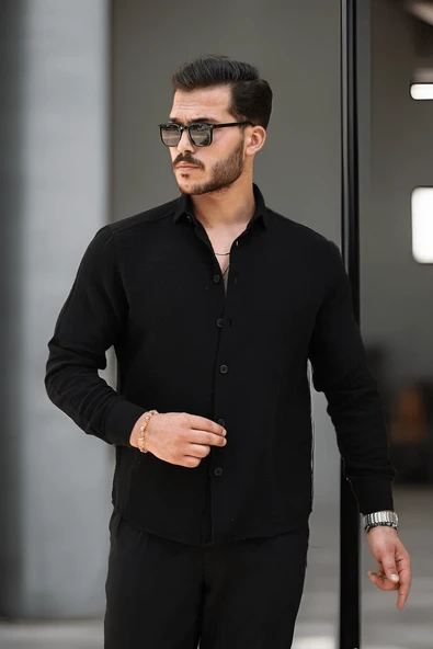 Nefes Alabilir Yarım Oversize Müslin Kumaş Uzun Kol Yakalı Erkek Gömlek - Siyah - 3