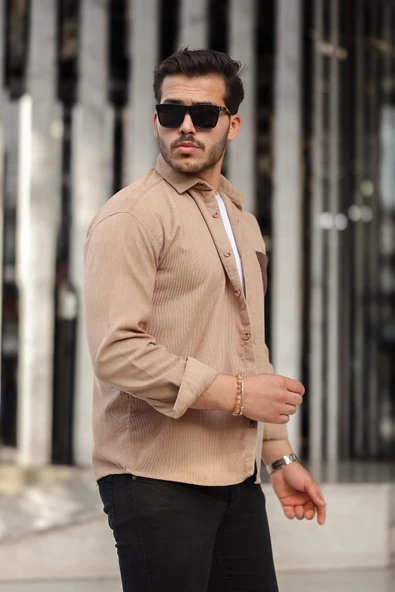 Cep Detaylı Fitilli Kadife Gömlek - Açık Bej - 4