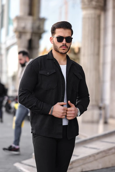 Çift Cepli Düğmeli Kaşe Gömlek - Siyah - 2