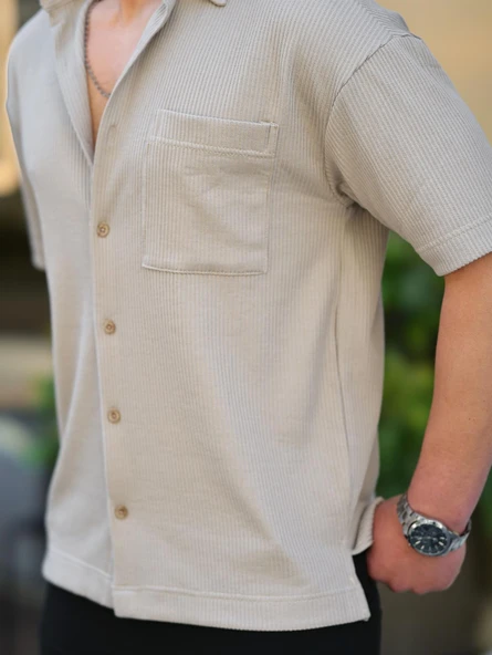 Tek Cepli Dokulu Oversize Gömlek - Bej - 2