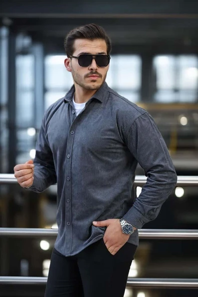 Fitilli Erkek Kadife Gömlek - Füme - 5