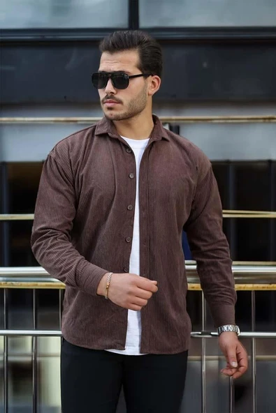 Fitilli Erkek Kadife Gömlek - Kahve - Resim 2