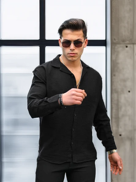 Apaş Yaka Oversize Müslin Kumaş Gömlek - Siyah - 3