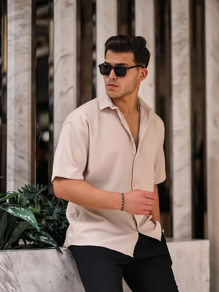 Oversize Rahat Fitilli Kısa Kol Erkek Gömlek - Bej