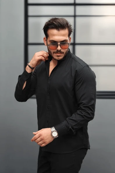 Hakim Yaka Oxford Kumaş Uzun Kol Gömlek - Siyah - 3