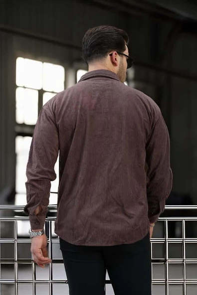 Fitilli Erkek Kadife Gömlek - Kahve - Resim 6