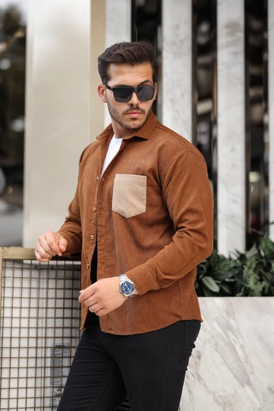 Cep Detaylı Fitilli Kadife Gömlek - Açık Kahve - Resim 2