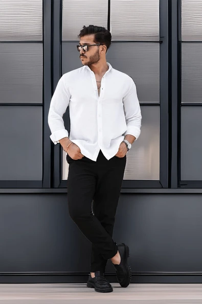 Nefes Alabilir Yarım Oversize Müslin Kumaş Uzun Kol Yakalı Erkek Gömlek - Beyaz - 5