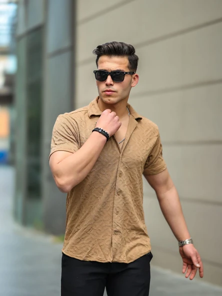Jakarlı Çubuk Desenli Fit Gömlek - Bej - 3