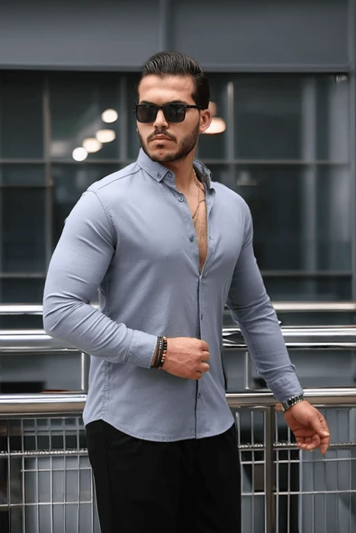 Likralı Regular Fit Nefes Alabilir Klasik Erkek Oxford Gömlek - Füme