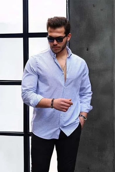 Dik Şerit Çizgili Flamlı Pamuk Gömlek - Mavi