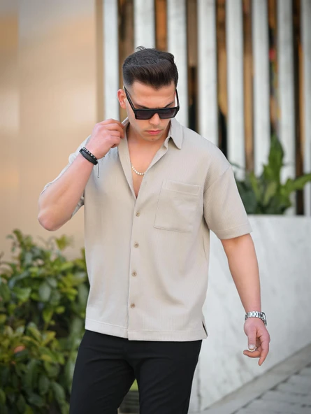 Tek Cepli Dokulu Oversize Gömlek - Bej