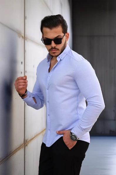 Likralı Regular Fit Nefes Alabilir Klasik Erkek Oxford Gömlek - Açık Mavi - 4