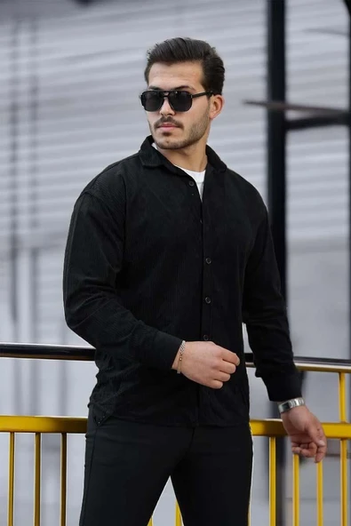 Fitilli Erkek Kadife Gömlek - Siyah - Resim 2