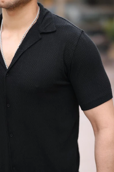 Premium Desenli Kısa Kol Gömlek - Siyah - Resim 2