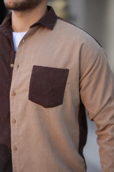 Kontrast Çift Renk Fitilli Kadife Gömlek - Kahve - 4