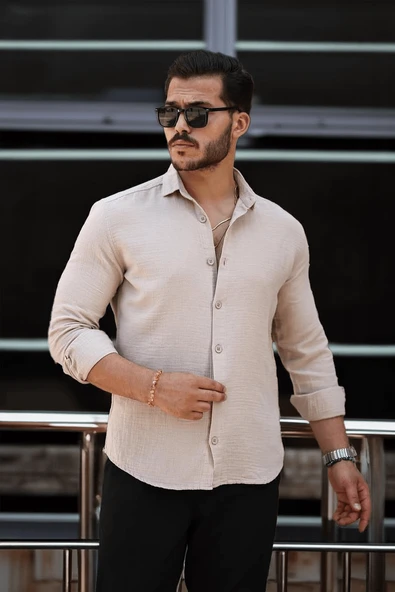 Nefes Alabilir Yarım Oversize Müslin Kumaş Uzun Kol Yakalı Erkek Gömlek - Bej - 2