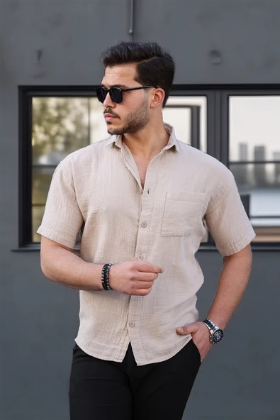 Müslin Kumaş Tek Cepli Gömlek- Açık Bej
