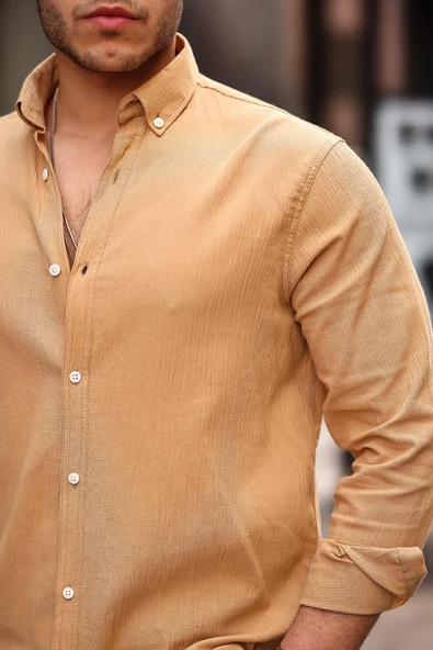 Krinkıl Pamuklu Keten Gömlek - Bej - Resim 2