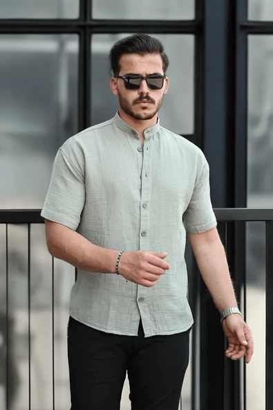 Hakim Yaka Müslin Kumaş Kısa Kol Gömlek - Açık Haki - 4